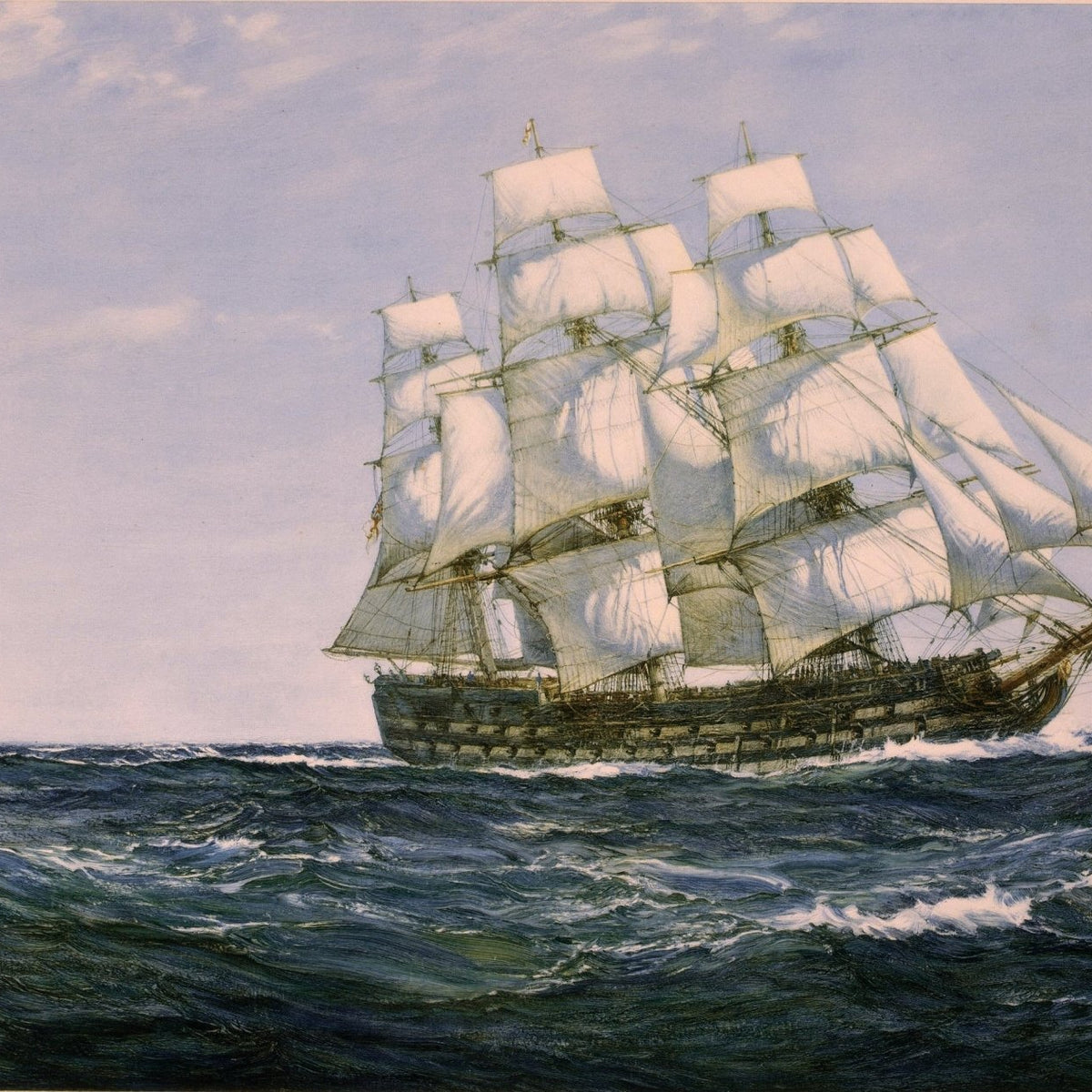 Nautical Oil Paintings - White-Sailed Tall Ship on Open Sea