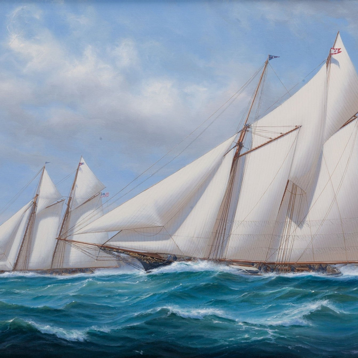 Nautical Oil Paintings - White Schooners on Rolling Blue Sea - Oil Painting Haven