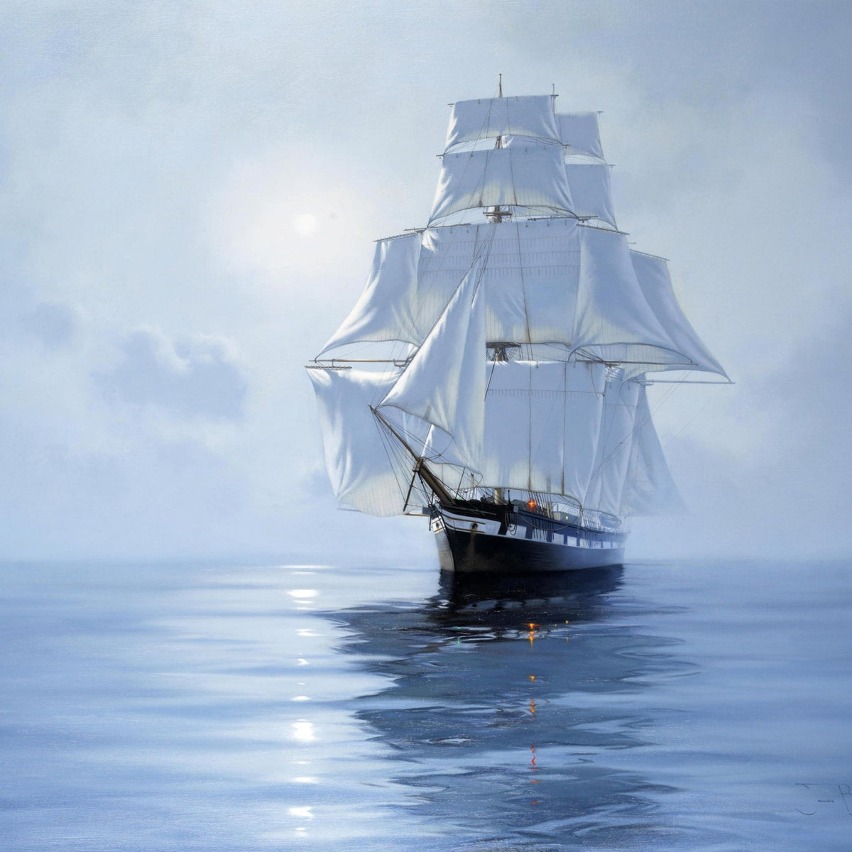 Hand-painted white tall ship in misty blue waters nautical oil painting on canvas