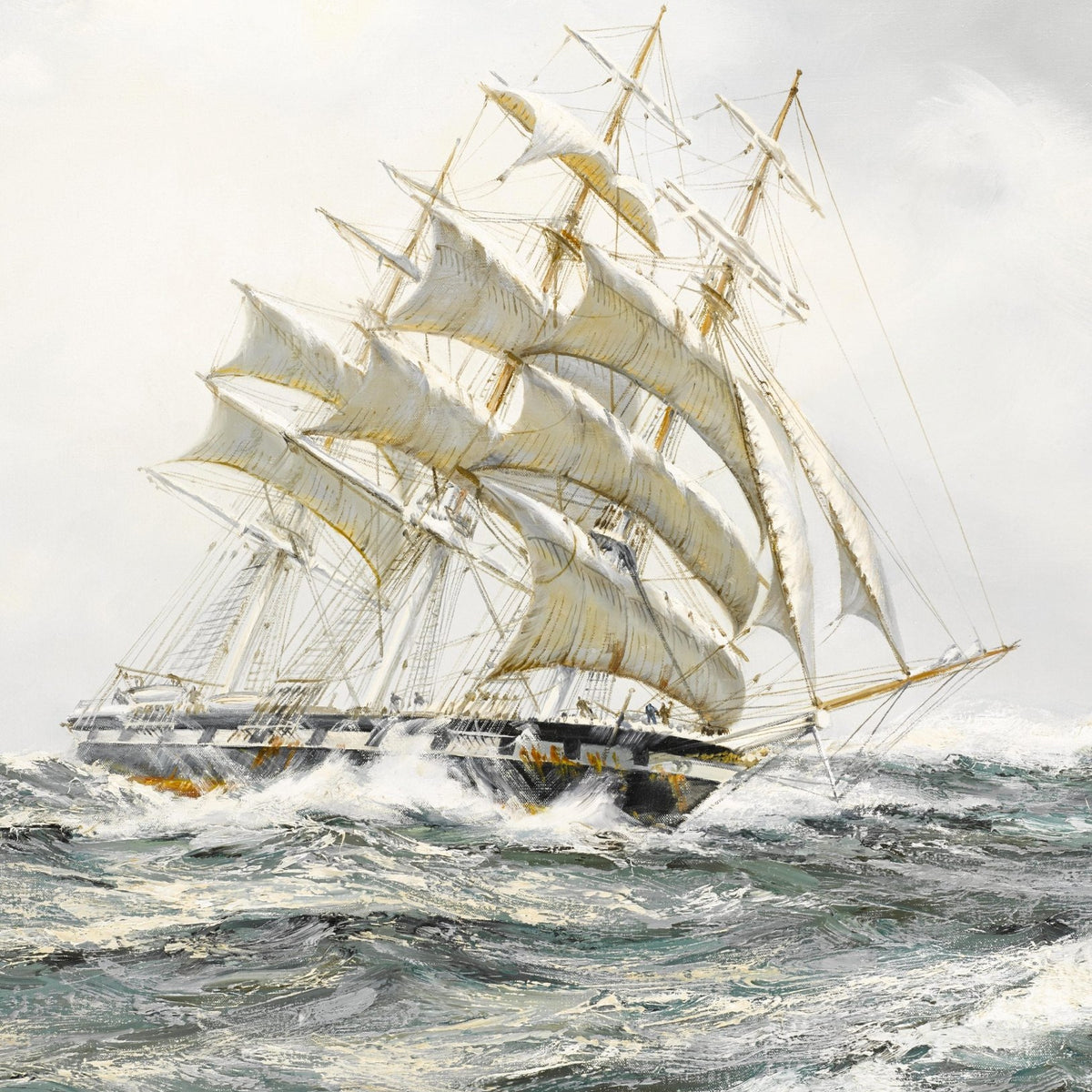Hand-painted white tall ship in rough sea nautical oil painting on canvas