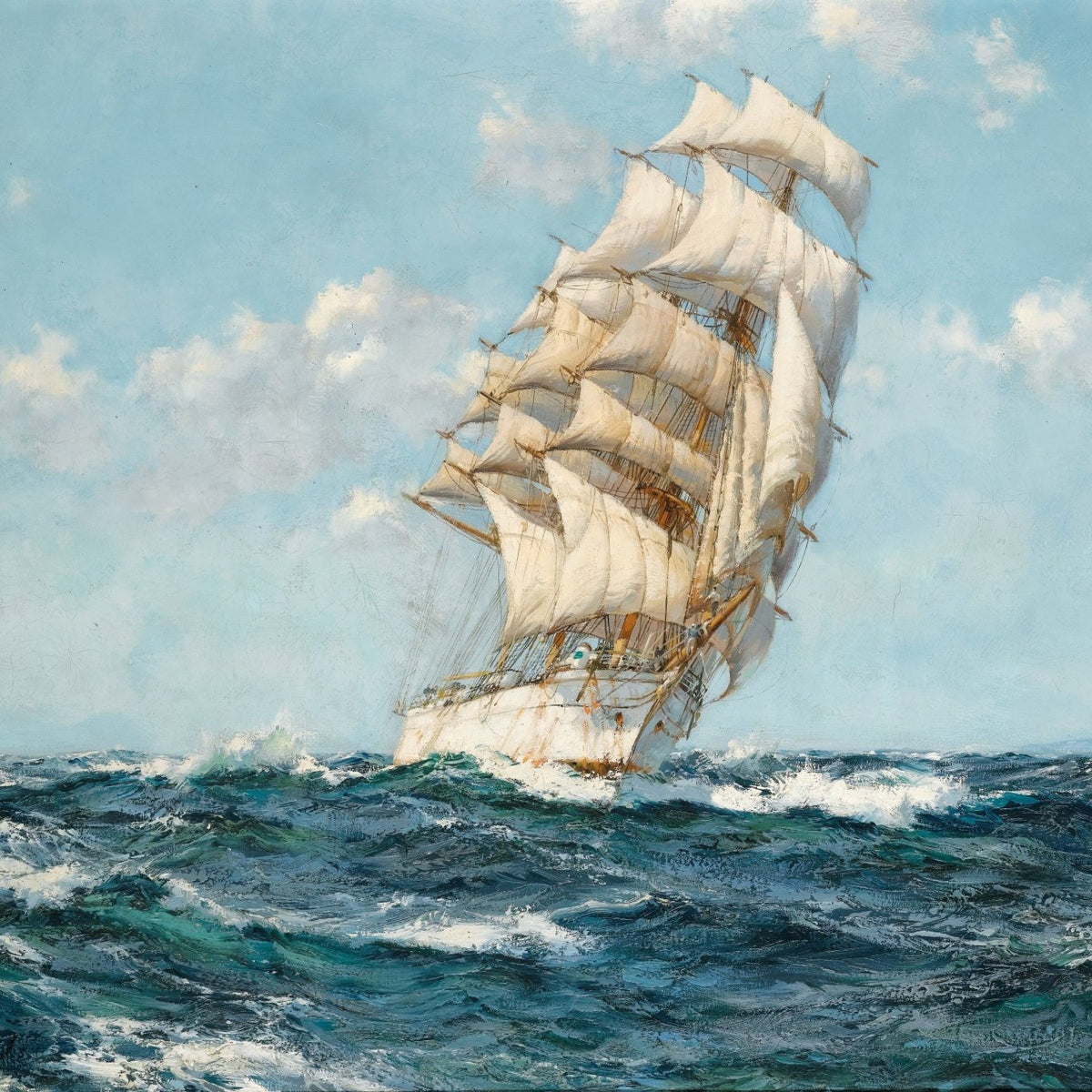 Nautical Oil Paintings - White Tall Ship on Ocean Waves - Oil Painting Haven