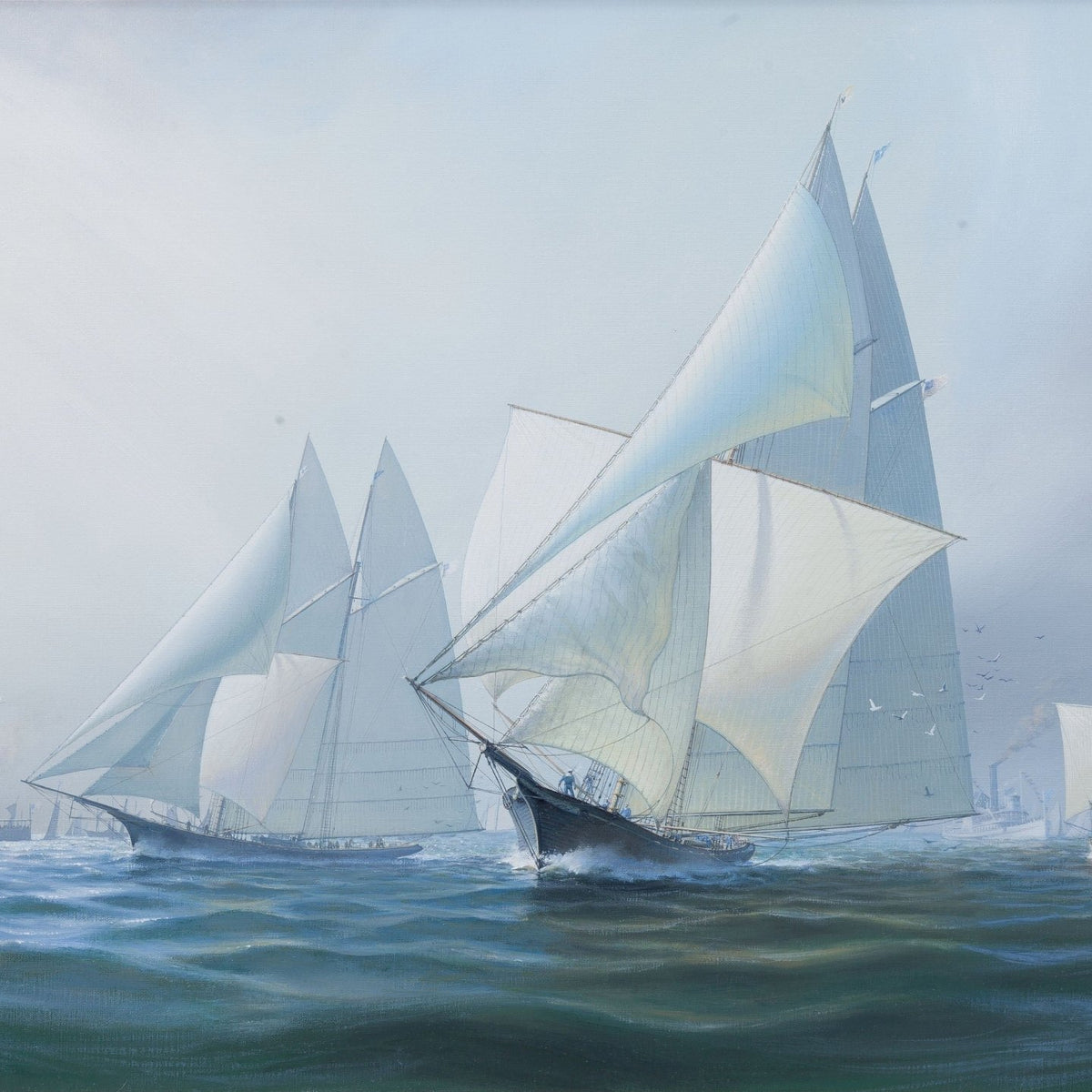 Nautical Oil Paintings - White Yachts in a Misty Regatta Scene - Oil Painting Haven