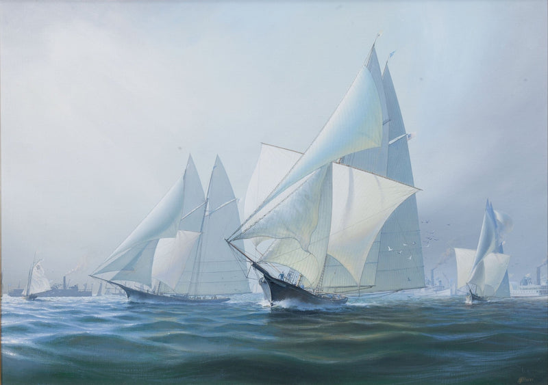 Nautical Oil Paintings - White Yachts in a Misty Regatta Scene - Oil Painting Haven