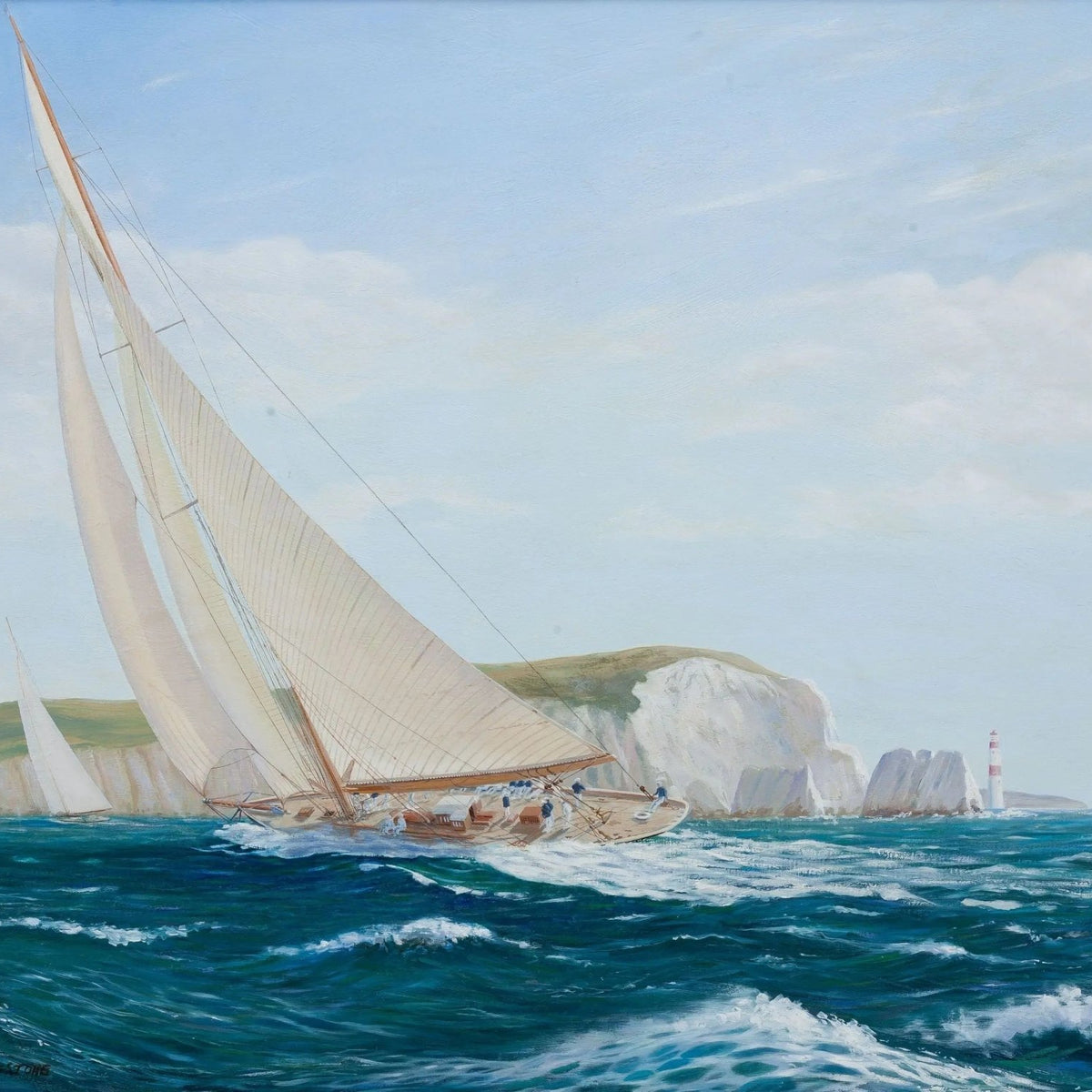 Nautical Oil Paintings - Yacht Sailing by Coastal Cliffs - Oil Painting Haven