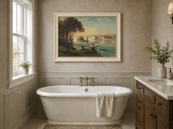 Framed hand-painted Niagara Falls oil painting with figures near the riverbank displayed above a freestanding bathtub.