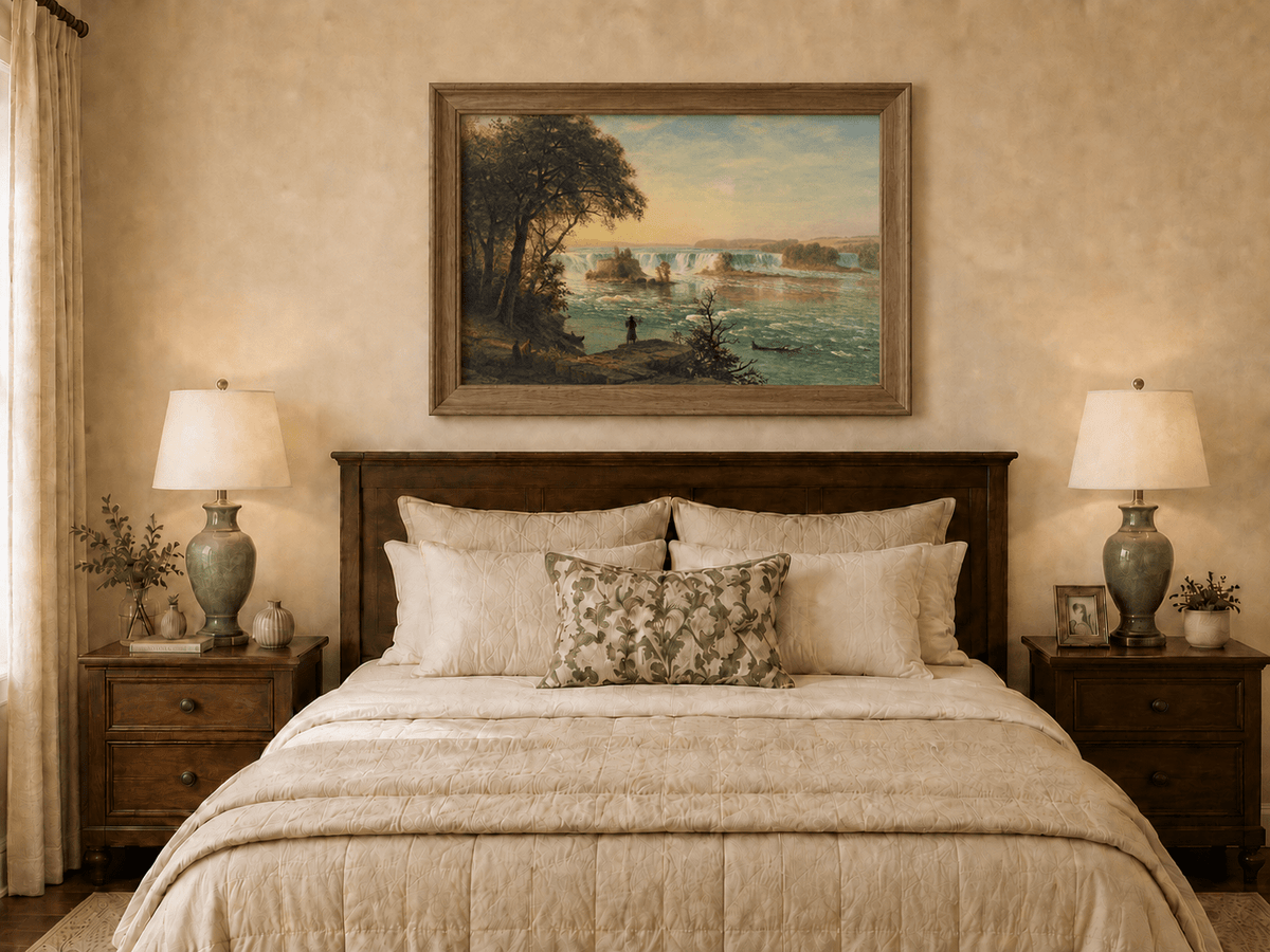 Framed hand-painted Niagara Falls oil painting with figures near the riverbank displayed above a wooden bed in a neutral bedroom.