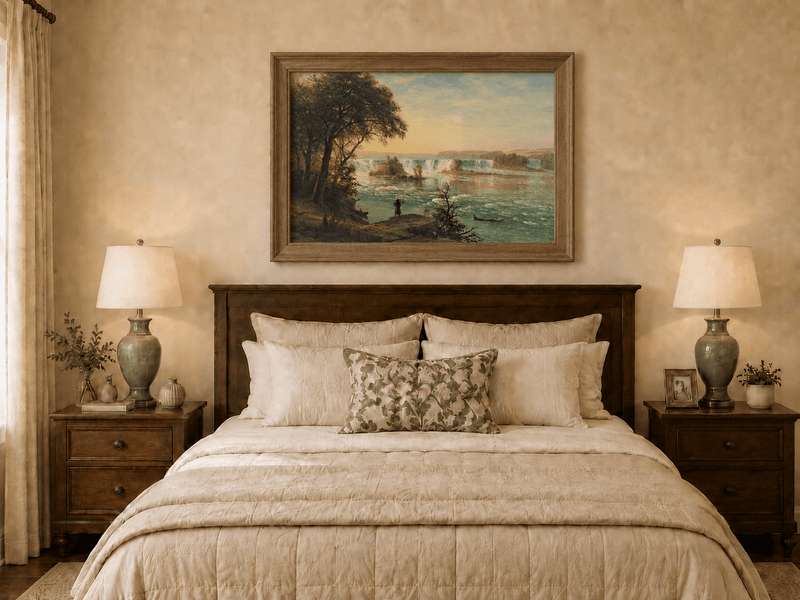Framed hand-painted Niagara Falls oil painting with figures near the riverbank displayed above a wooden bed in a neutral bedroom.