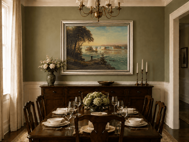 Framed hand-painted Niagara Falls oil painting with figures near the riverbank displayed above a formal dining table.