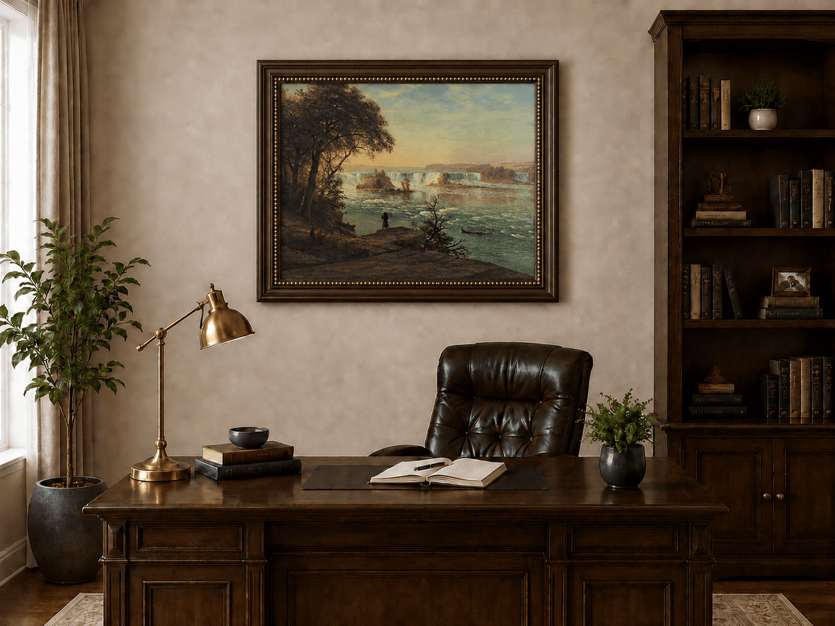 Framed hand-painted Niagara Falls oil painting with figures near the riverbank displayed above a traditional home office desk.