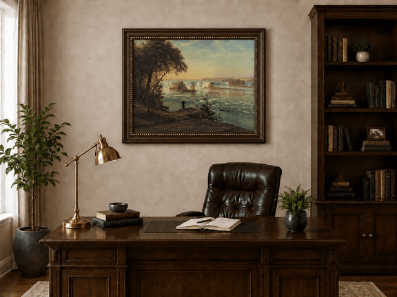 Framed hand-painted Niagara Falls oil painting with figures near the riverbank displayed above a traditional home office desk.