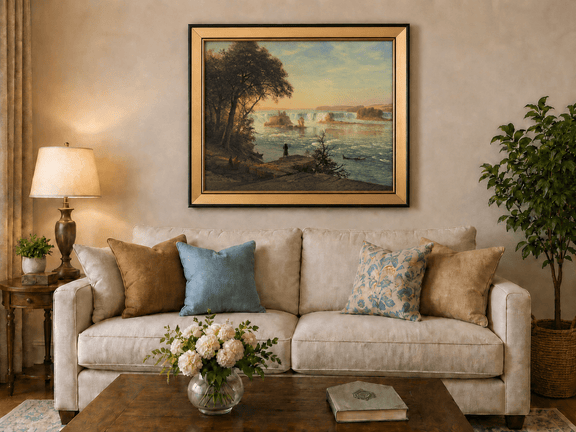 Framed hand-painted Niagara Falls oil painting with figures near the riverbank displayed above a neutral living room sofa.