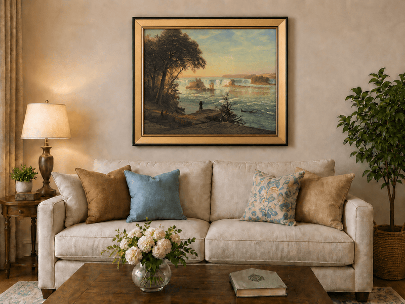 Framed hand-painted Niagara Falls oil painting with figures near the riverbank displayed above a neutral living room sofa.