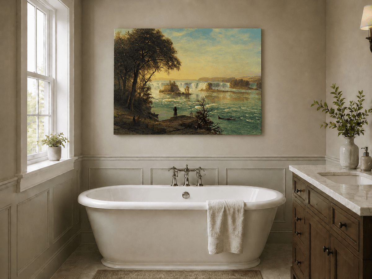 Unframed hand-painted Niagara Falls oil painting with figures near the riverbank displayed above a freestanding bathtub.