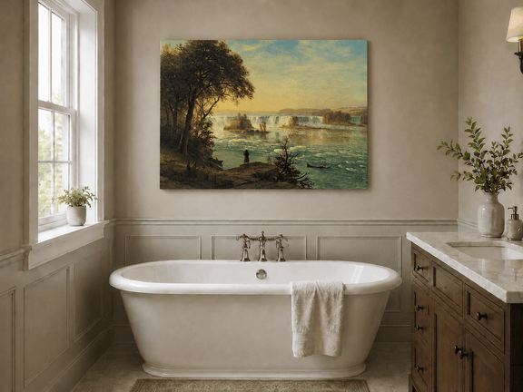 Unframed hand-painted Niagara Falls oil painting with figures near the riverbank displayed above a freestanding bathtub.