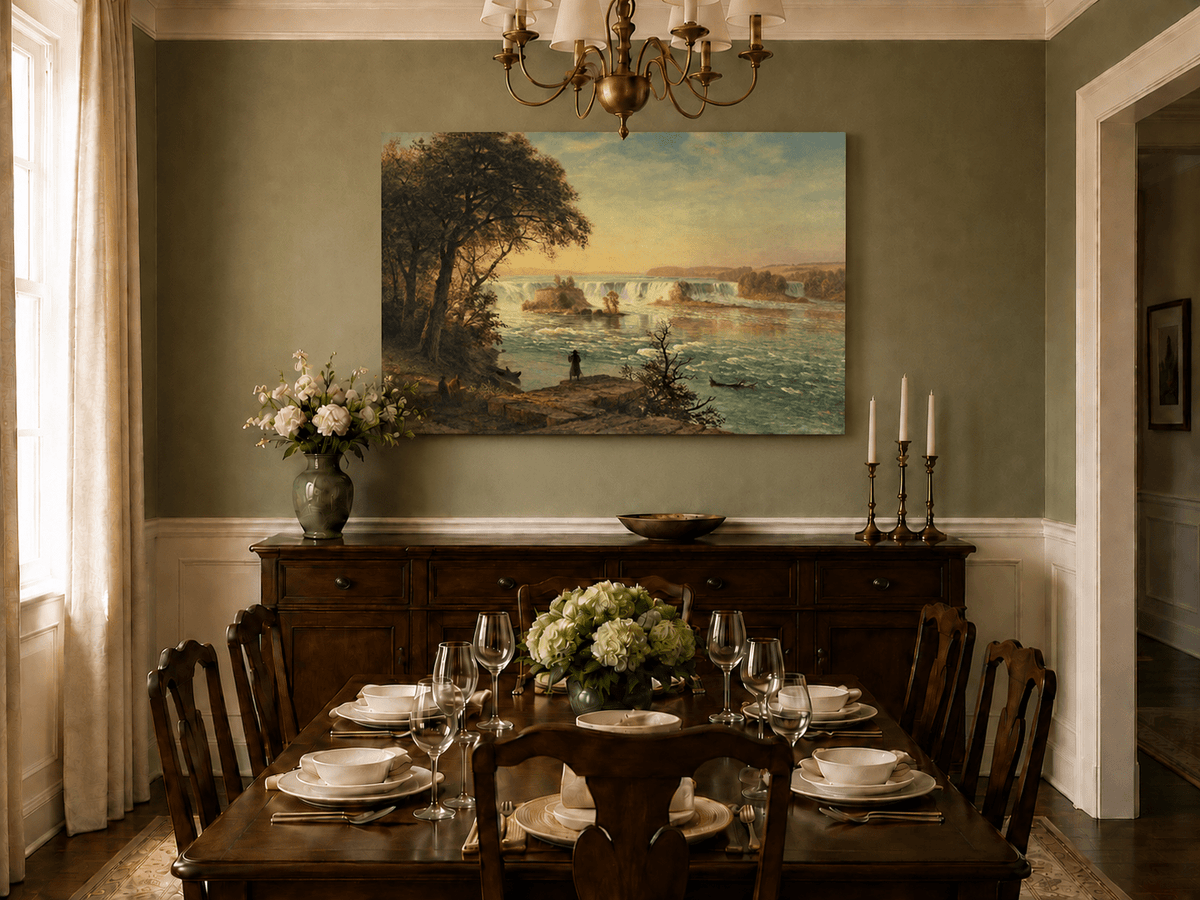 Unframed hand-painted Niagara Falls oil painting with figures near the riverbank displayed above a formal dining table.