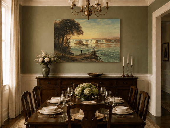 Unframed hand-painted Niagara Falls oil painting with figures near the riverbank displayed above a formal dining table.