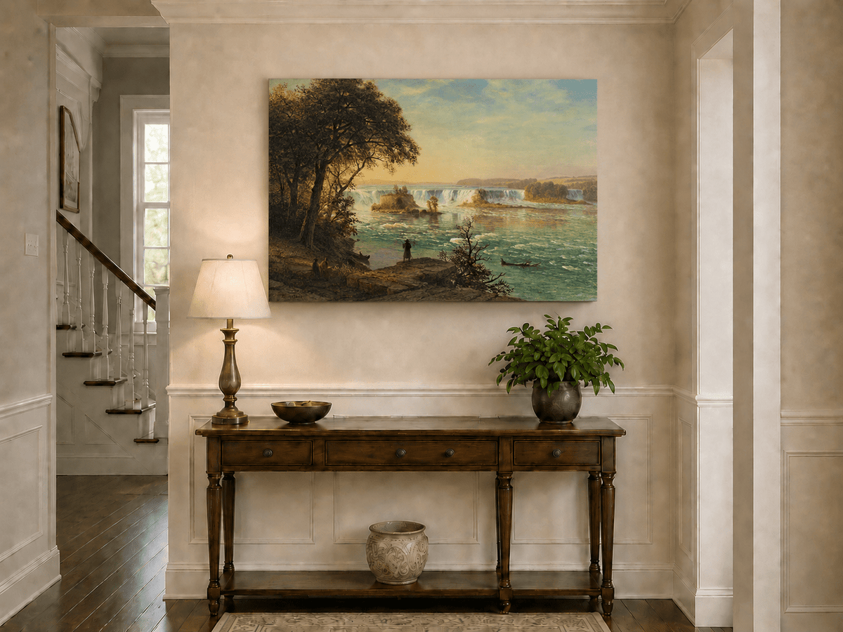 Unframed hand-painted Niagara Falls oil painting with figures near the riverbank displayed above an entryway console table.