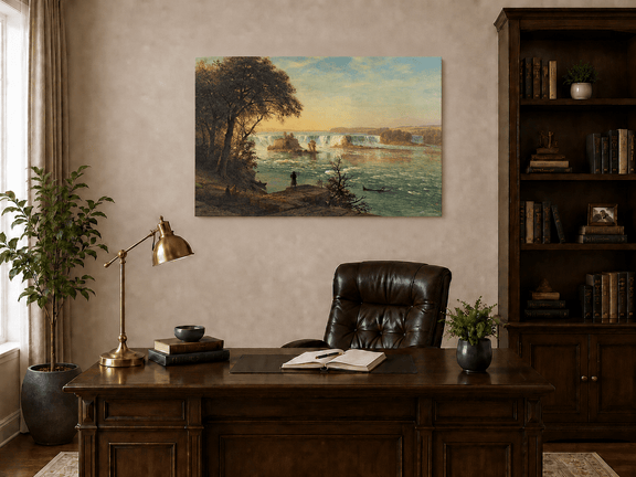 Unframed hand-painted Niagara Falls oil painting with figures near the riverbank displayed above a traditional home office desk.
