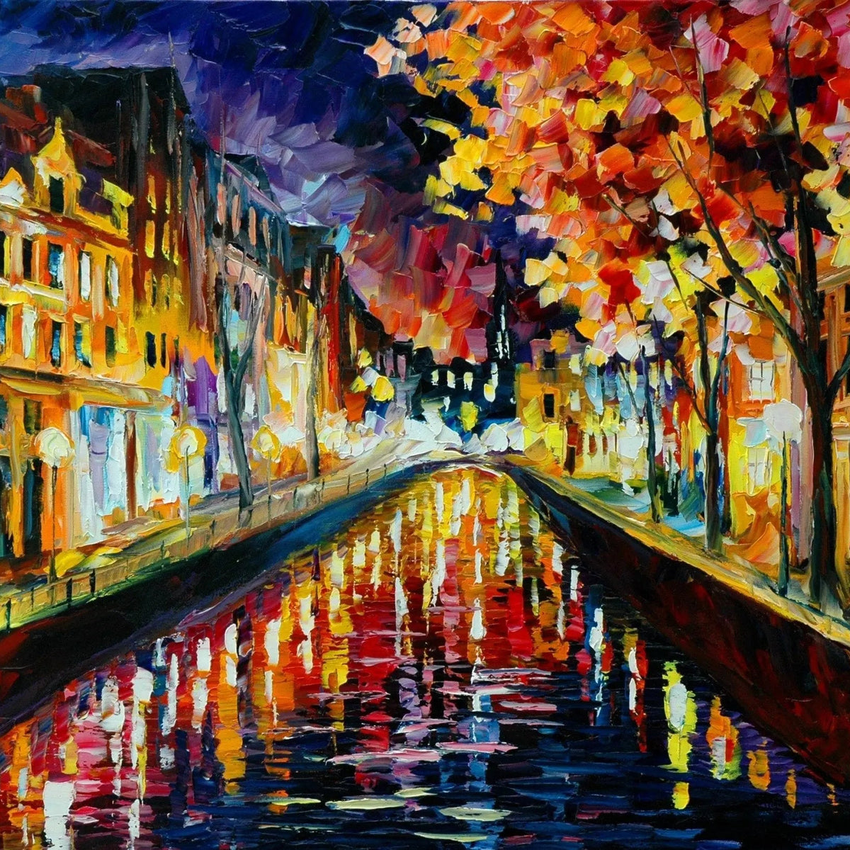 Night Canal Abstract Landscape Oil Painting | City Reflections - Oil Painting Haven