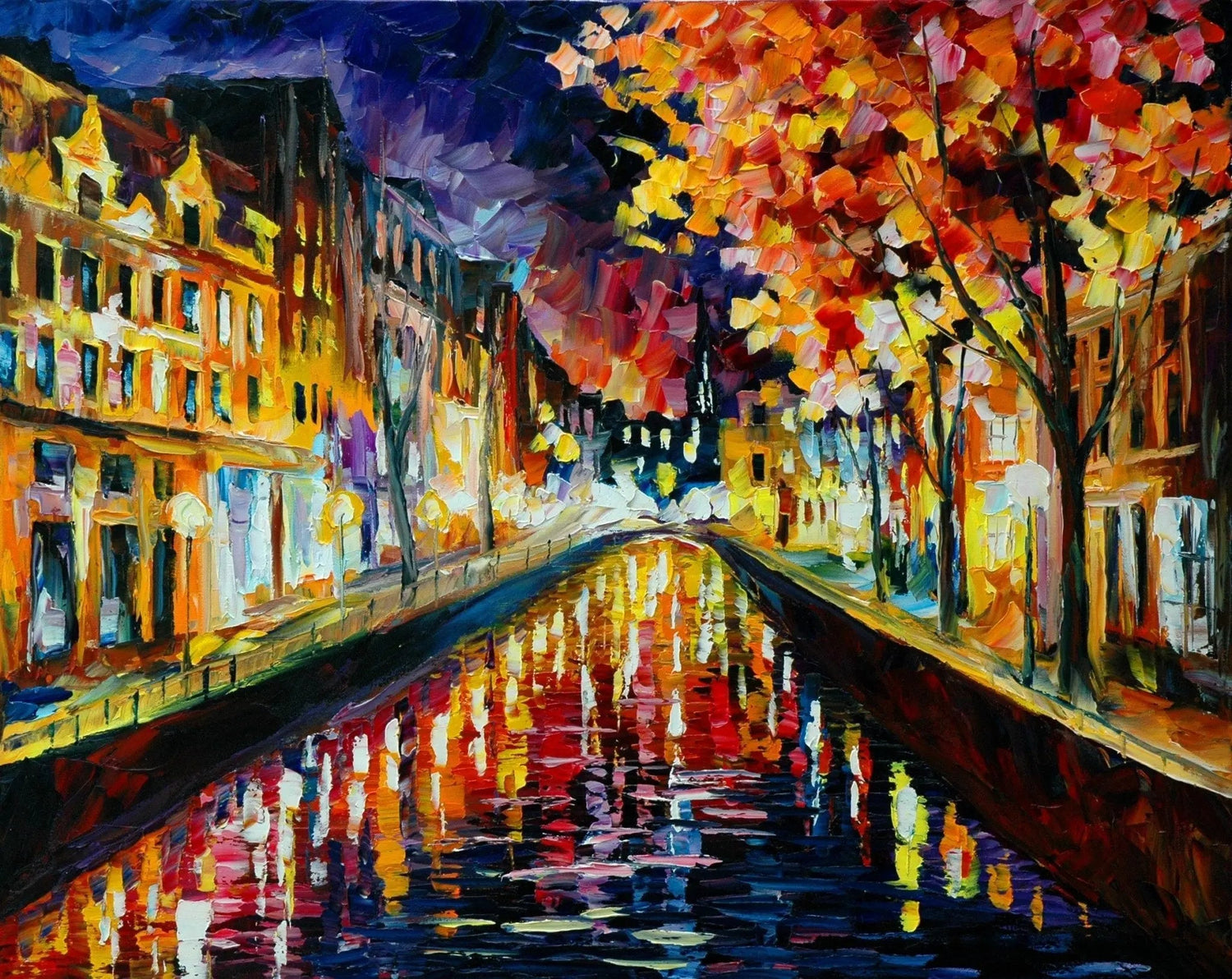 Night Canal Abstract Landscape Oil Painting | City Reflections - Oil Painting Haven