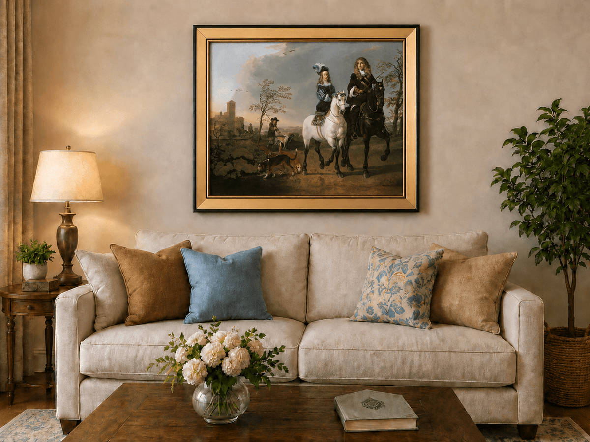 Peinture à l'huile de paysage - Homme à dos d'âne, femme, chien et champ rural