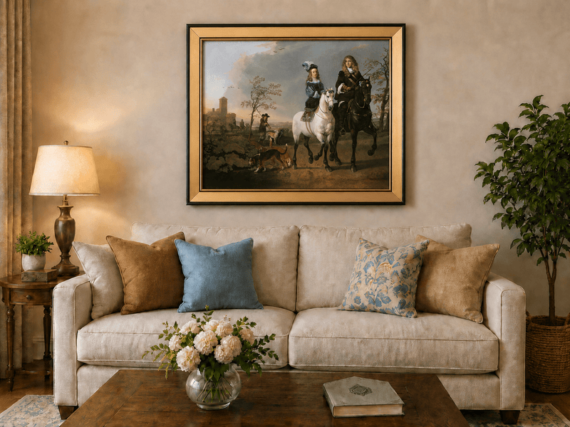 Peinture à l'huile de paysage - Homme à dos d'âne, femme, chien et champ rural