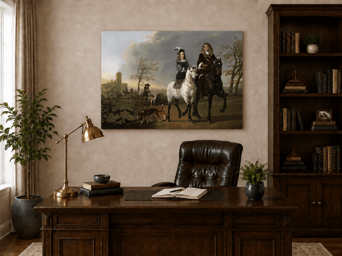 Peinture à l'huile de paysage - Homme à dos d'âne, femme, chien et champ rural