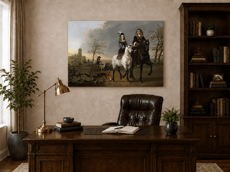 Peinture à l'huile de paysage - Homme à dos d'âne, femme, chien et champ rural