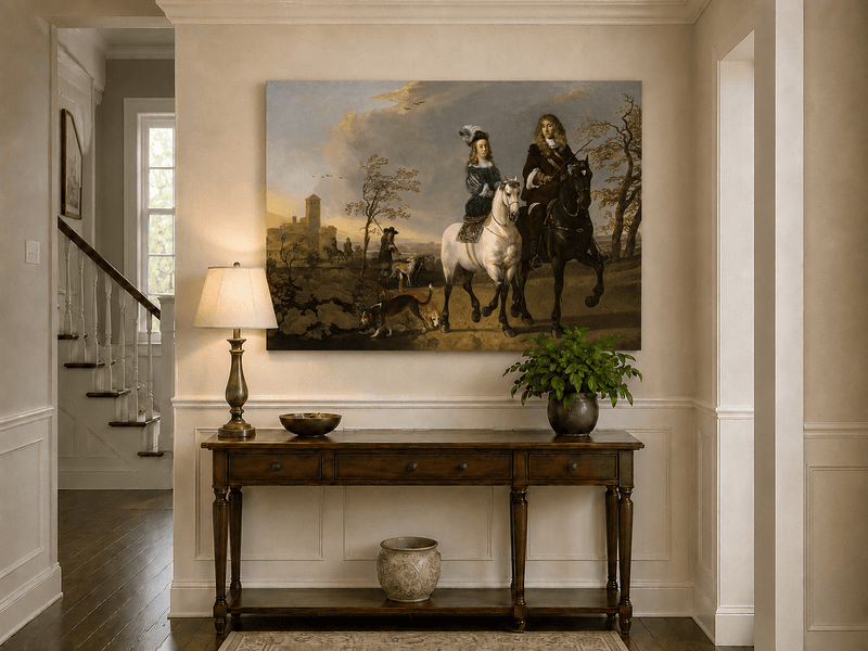 Peinture à l'huile de paysage - Homme à dos d'âne, femme, chien et champ rural