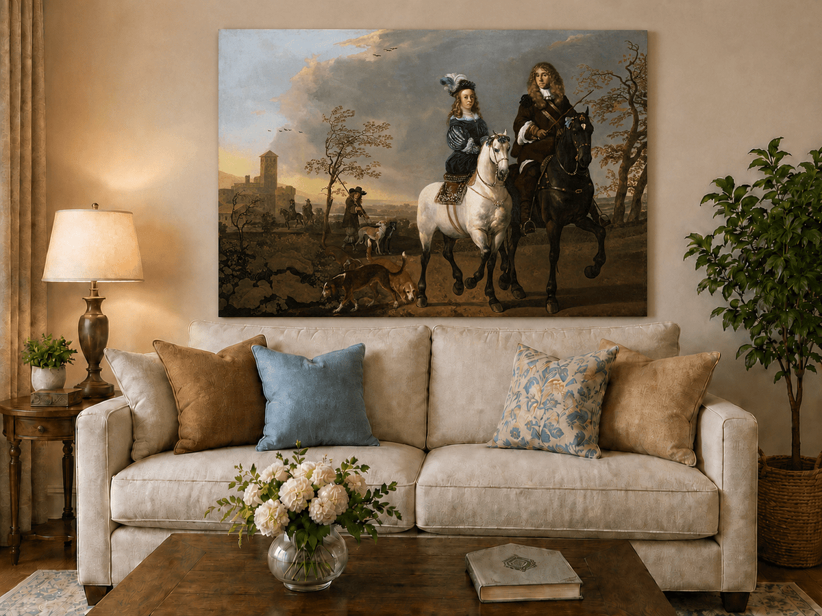 Peinture à l'huile de paysage - Homme à dos d'âne, femme, chien et champ rural