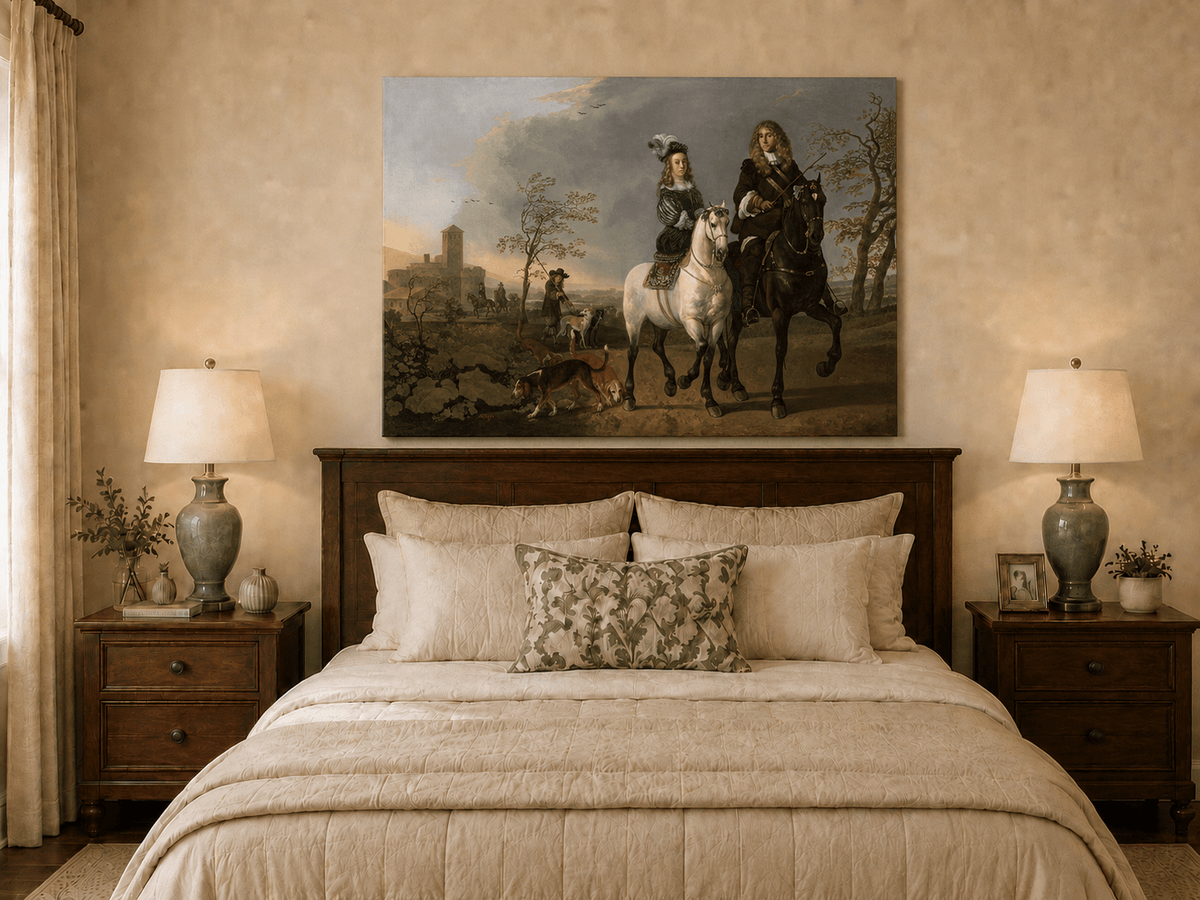 Peinture à l'huile de paysage - Homme à dos d'âne, femme, chien et champ rural