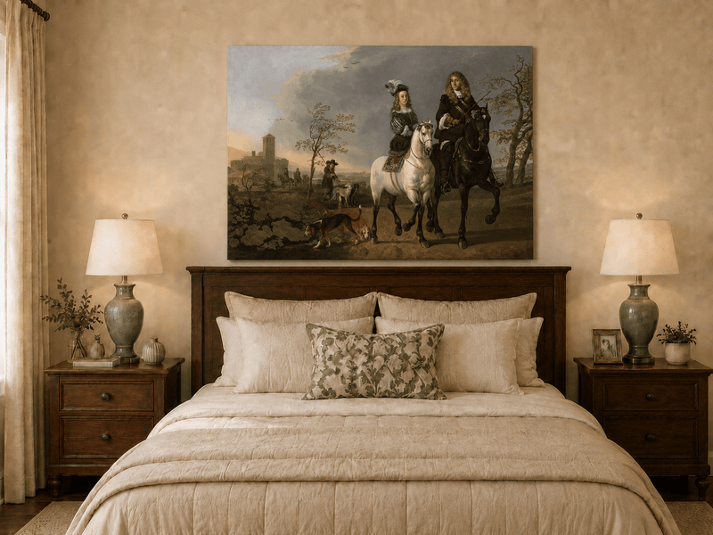 Peinture à l'huile de paysage - Homme à dos d'âne, femme, chien et champ rural