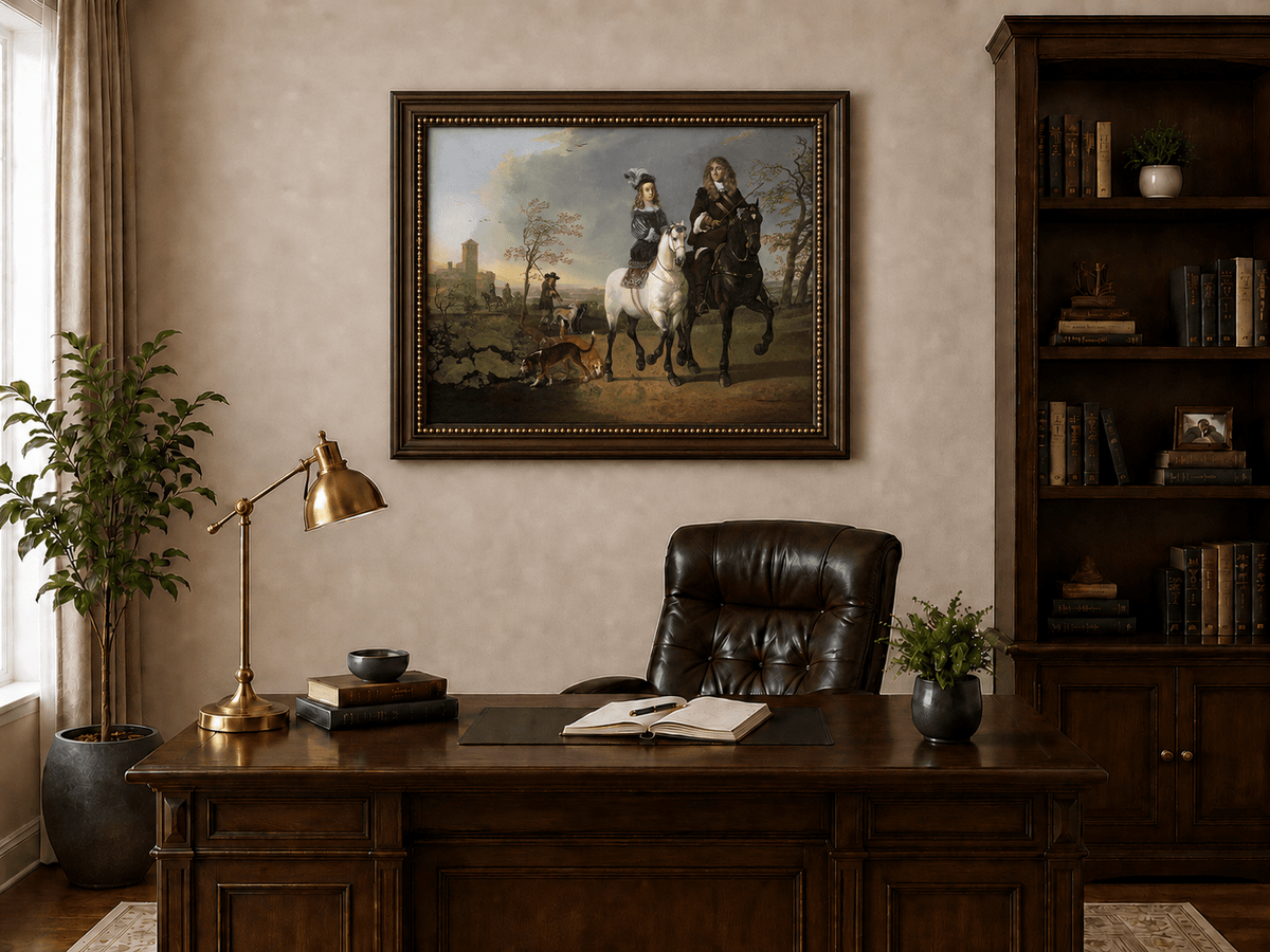 Peinture à l'huile de paysage - Homme à dos d'âne, femme, chien et champ rural