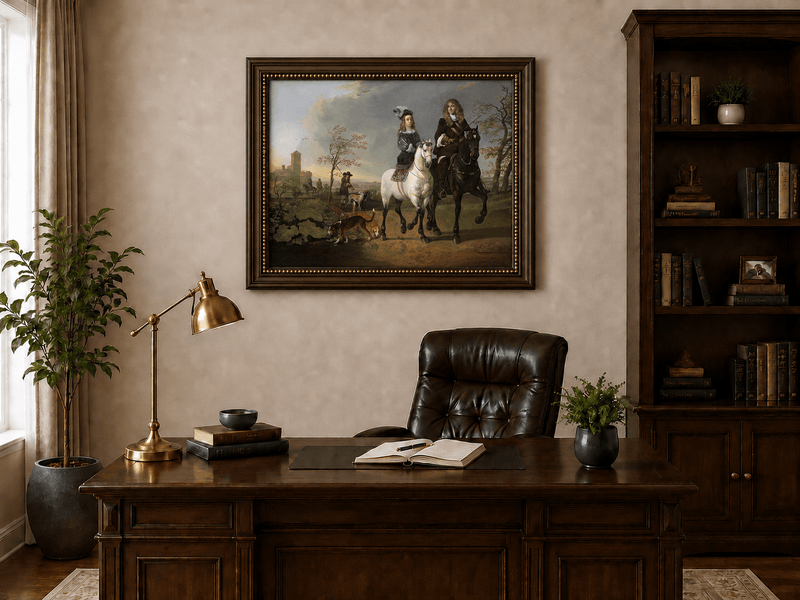 Peinture à l'huile de paysage - Homme à dos d'âne, femme, chien et champ rural