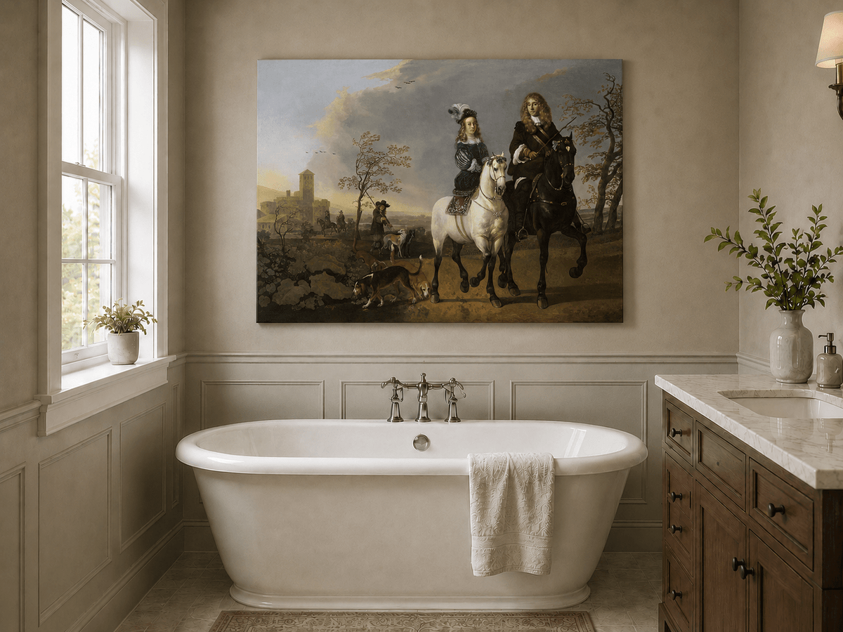Peinture à l'huile de paysage - Homme à dos d'âne, femme, chien et champ rural
