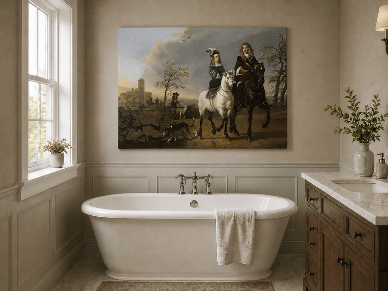 Peinture à l'huile de paysage - Homme à dos d'âne, femme, chien et champ rural