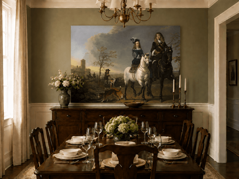 Peinture à l'huile de paysage - Homme à dos d'âne, femme, chien et champ rural