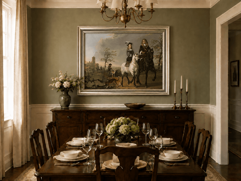 Peinture à l'huile de paysage - Homme à dos d'âne, femme, chien et champ rural