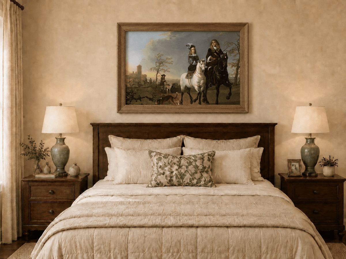 Peinture à l'huile de paysage - Homme à dos d'âne, femme, chien et champ rural