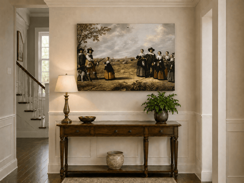 Peinture à l'huile de paysage - Homme à dos d'âne, femme, chien et champ rural