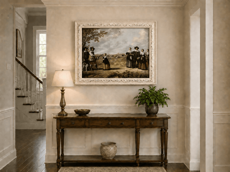 Peinture à l'huile de paysage - Homme à dos d'âne, femme, chien et champ rural