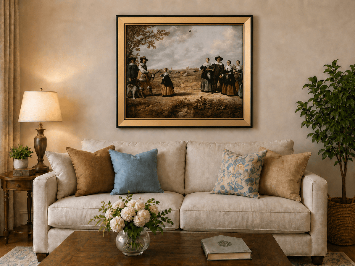 Peinture à l'huile de paysage - Homme à dos d'âne, femme, chien et champ rural