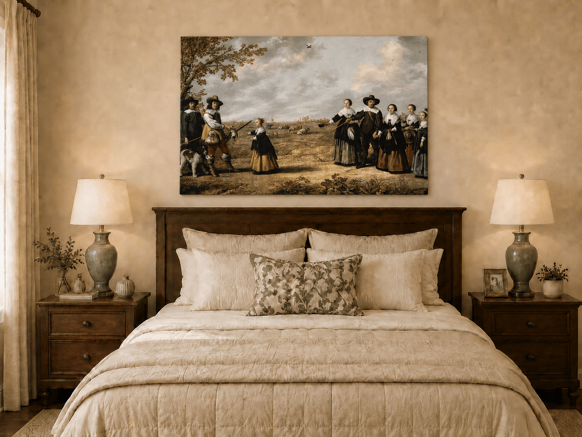 Peinture à l'huile de paysage - Homme à dos d'âne, femme, chien et champ rural