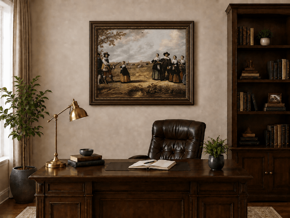 Peinture à l'huile de paysage - Homme à dos d'âne, femme, chien et champ rural