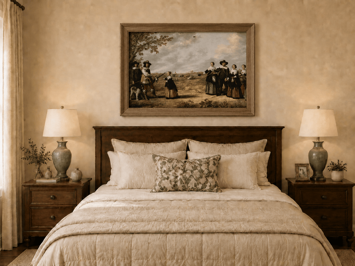 Peinture à l'huile de paysage - Homme à dos d'âne, femme, chien et champ rural