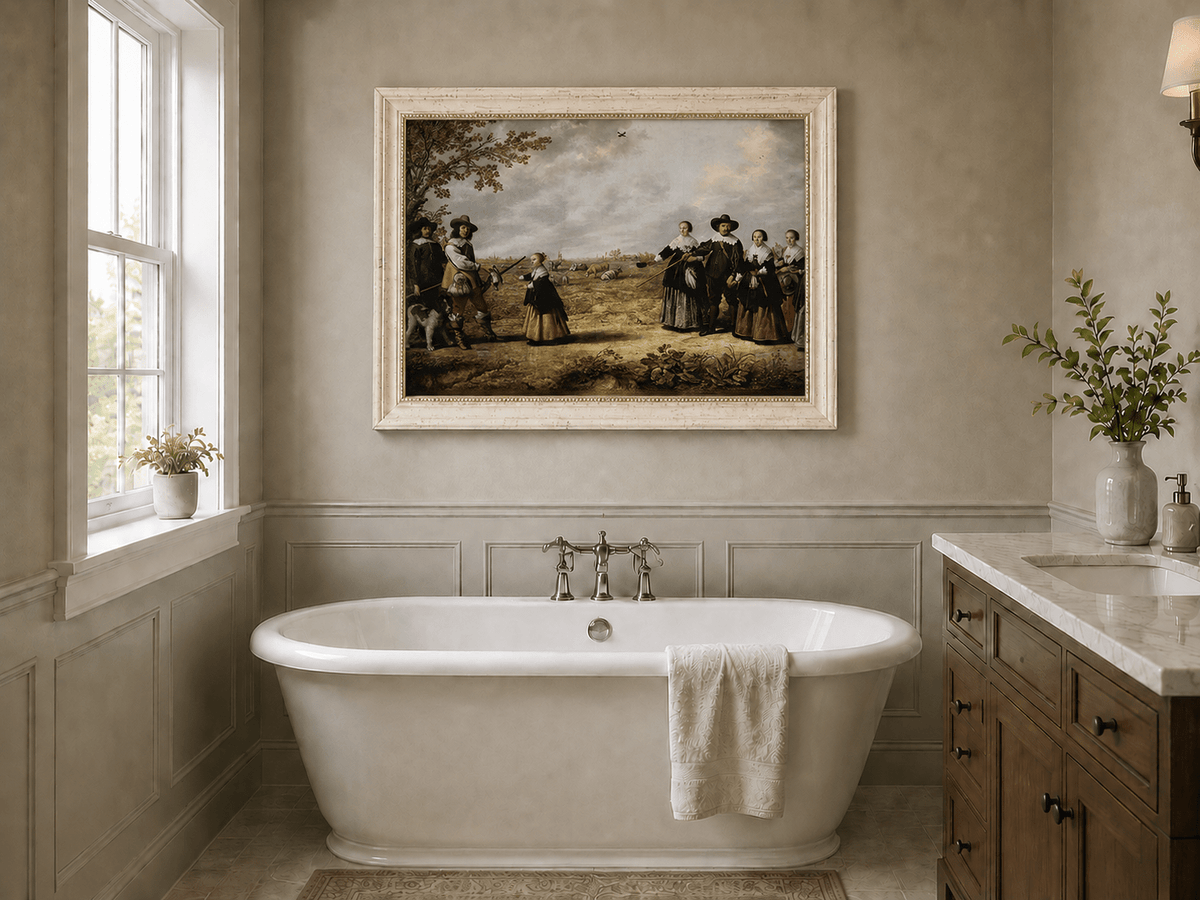 Peinture à l'huile de paysage - Homme à dos d'âne, femme, chien et champ rural