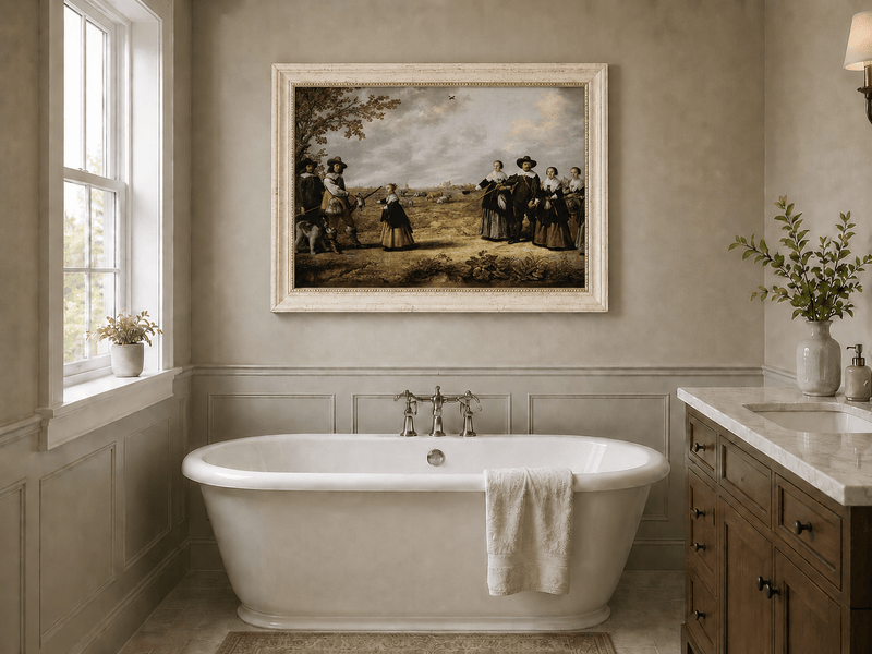 Peinture à l'huile de paysage - Homme à dos d'âne, femme, chien et champ rural