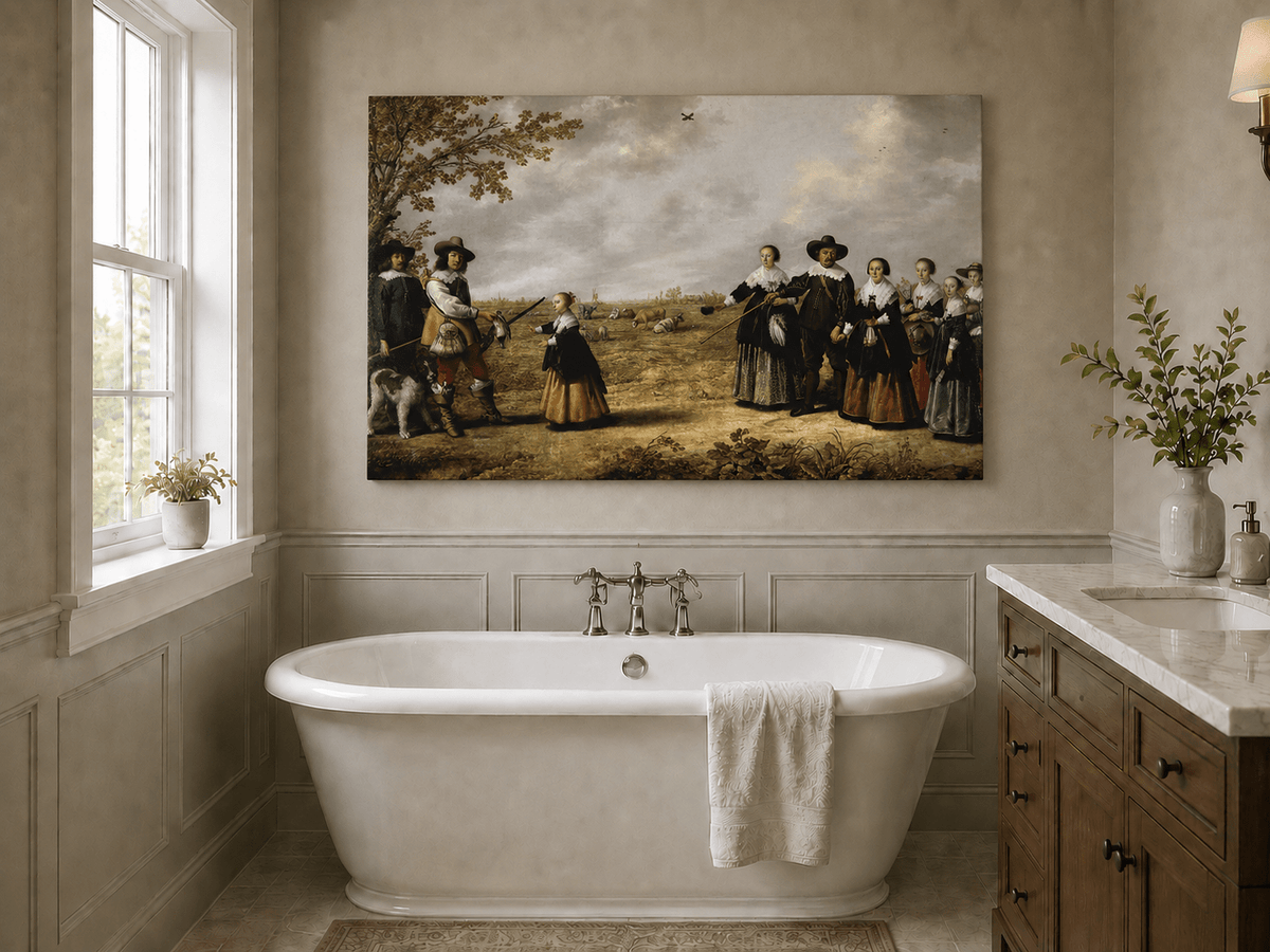 Peinture à l'huile de paysage - Homme à dos d'âne, femme, chien et champ rural