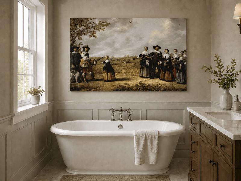Peinture à l'huile de paysage - Homme à dos d'âne, femme, chien et champ rural