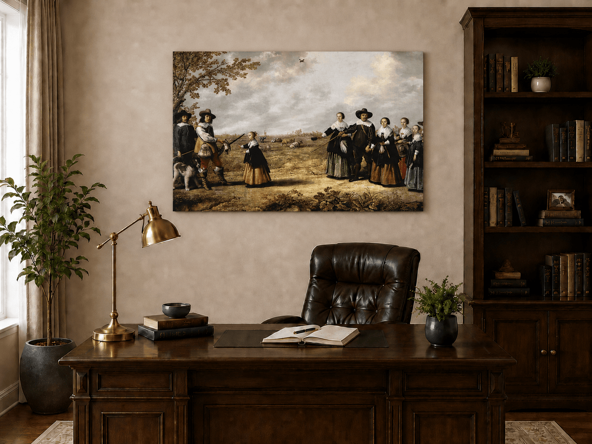Peinture à l'huile de paysage - Homme à dos d'âne, femme, chien et champ rural